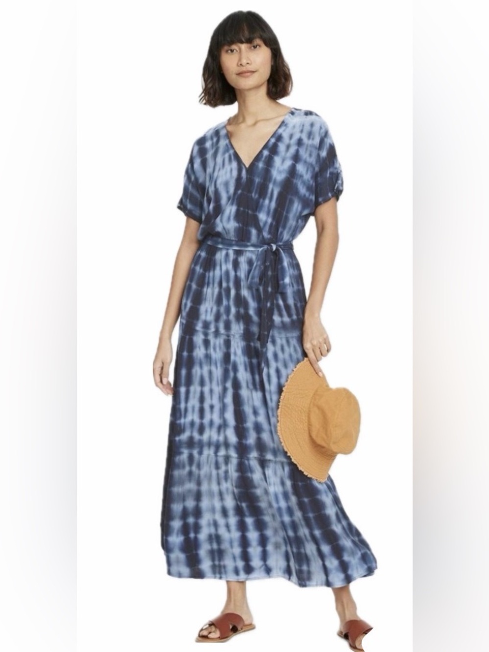 Knox Rose Women's Blue Tie-Dye V-Neck Maxi Dress with Waist Tie